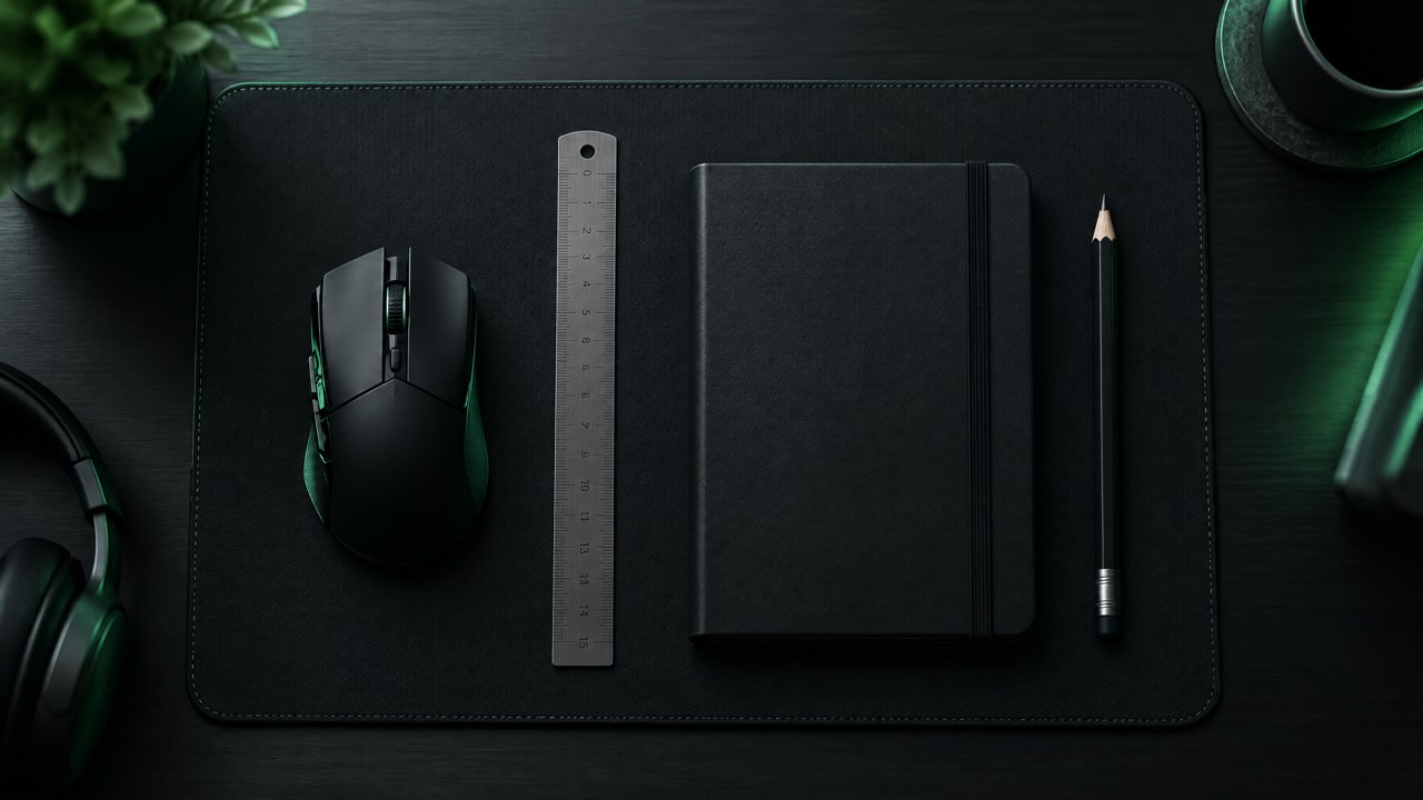 A gaming mouse, a metal ruler and a notebook laid out on a dark mousepad