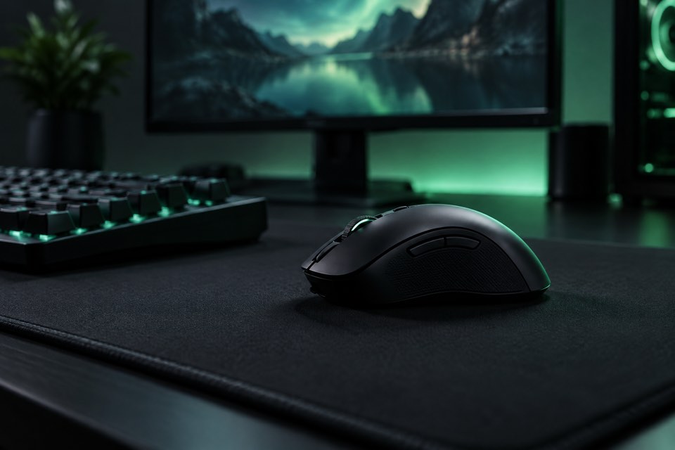 A gaming mouse on a dark mousepad in front of a glowing monitor at night