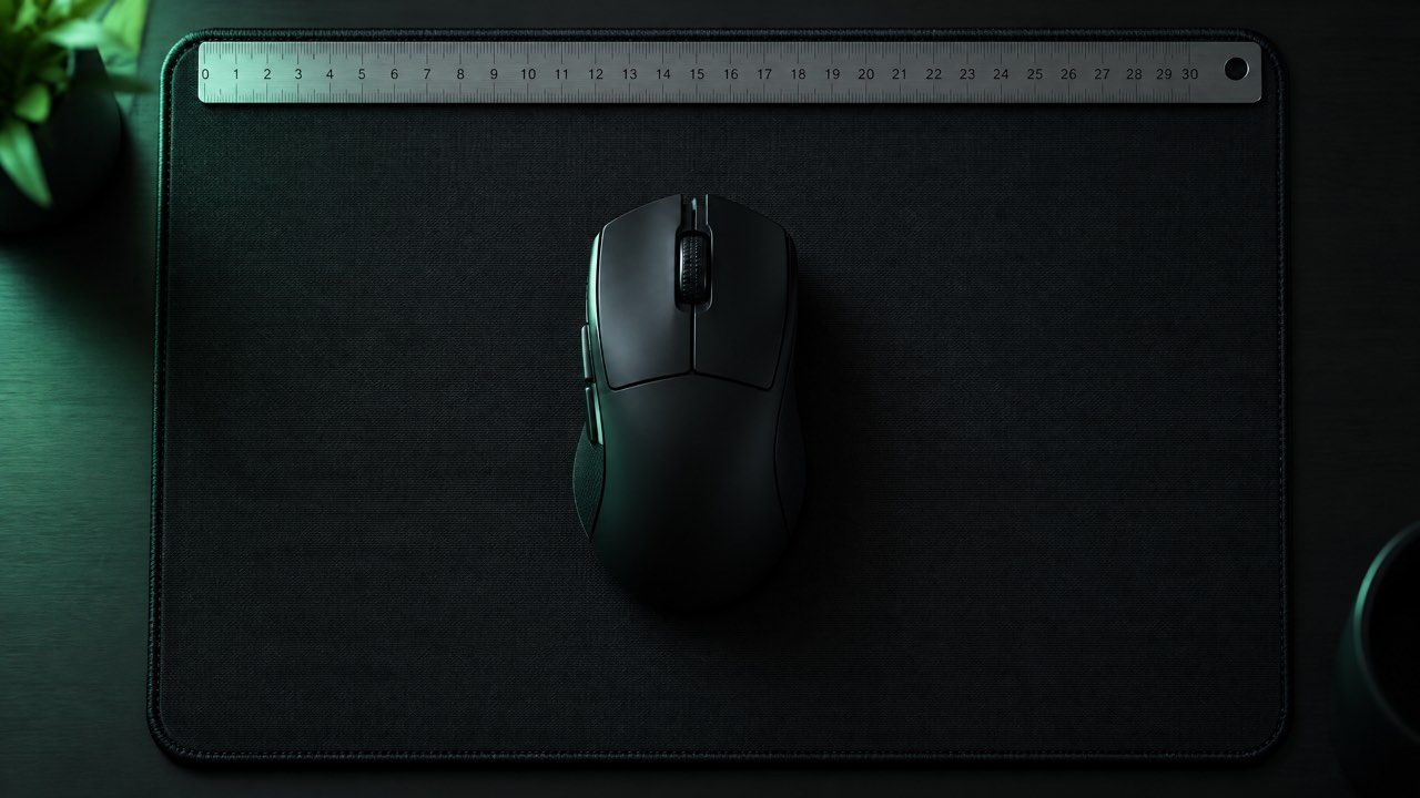 A gaming mouse on a dark mousepad with a ruler along its edge