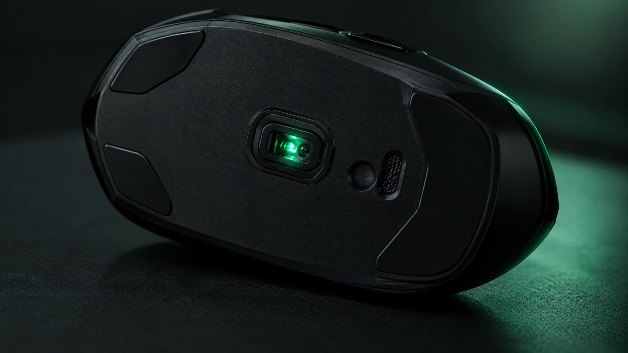 The glowing optical sensor on the underside of a gaming mouse