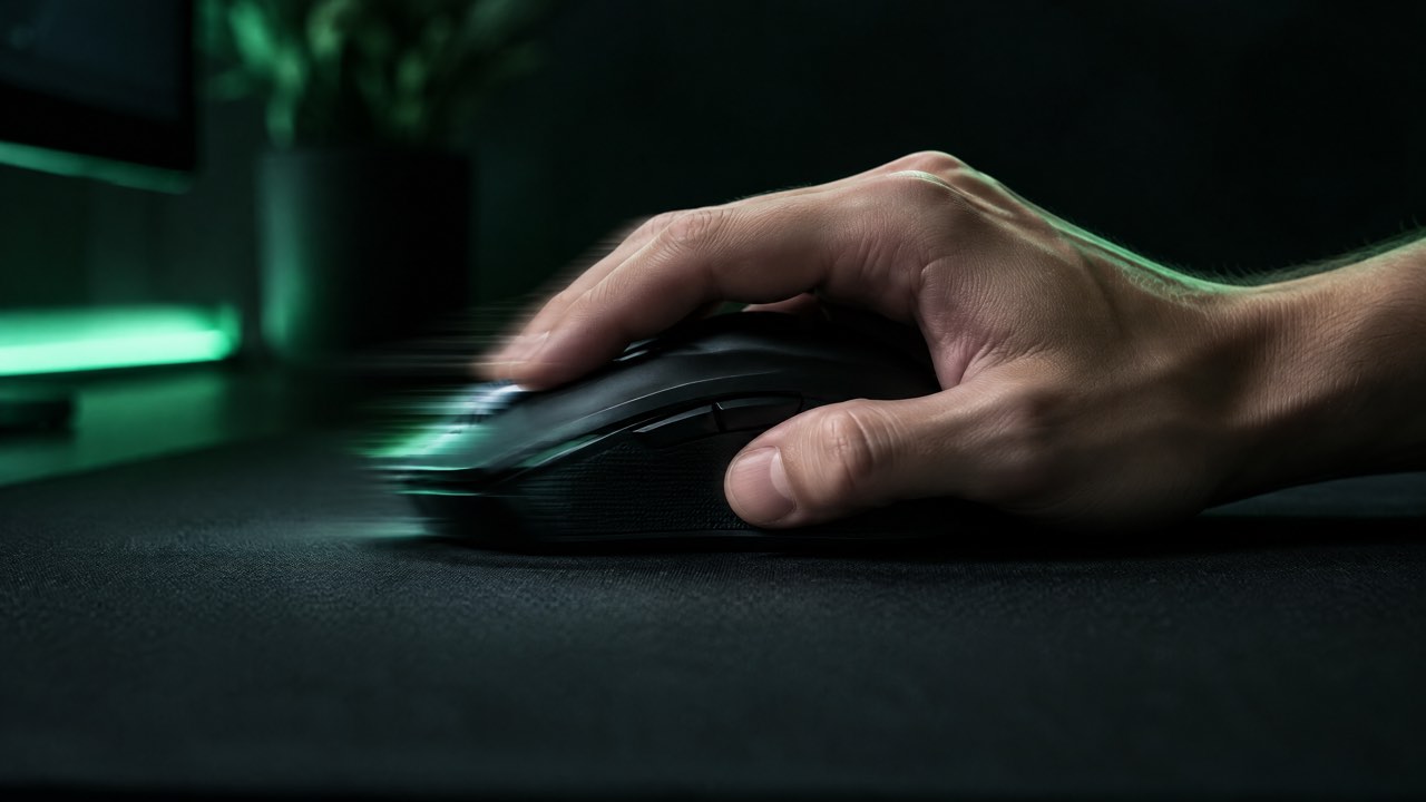 A hand moving a gaming mouse across a mousepad