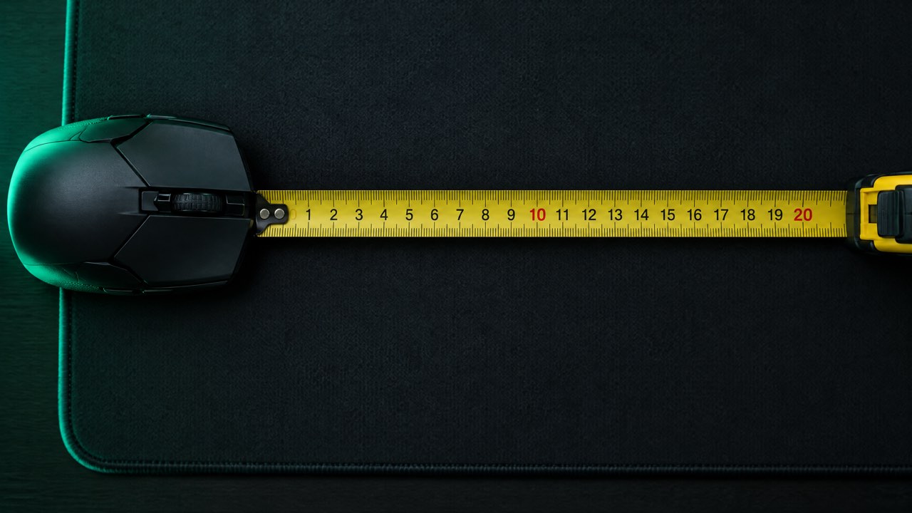 A tape measure along a mousepad with a gaming mouse at the zero mark